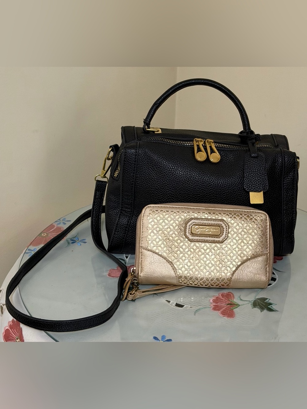 Black Top-Handle Fashion Crossbody Bag with Gold Jessica Simpson Wallet